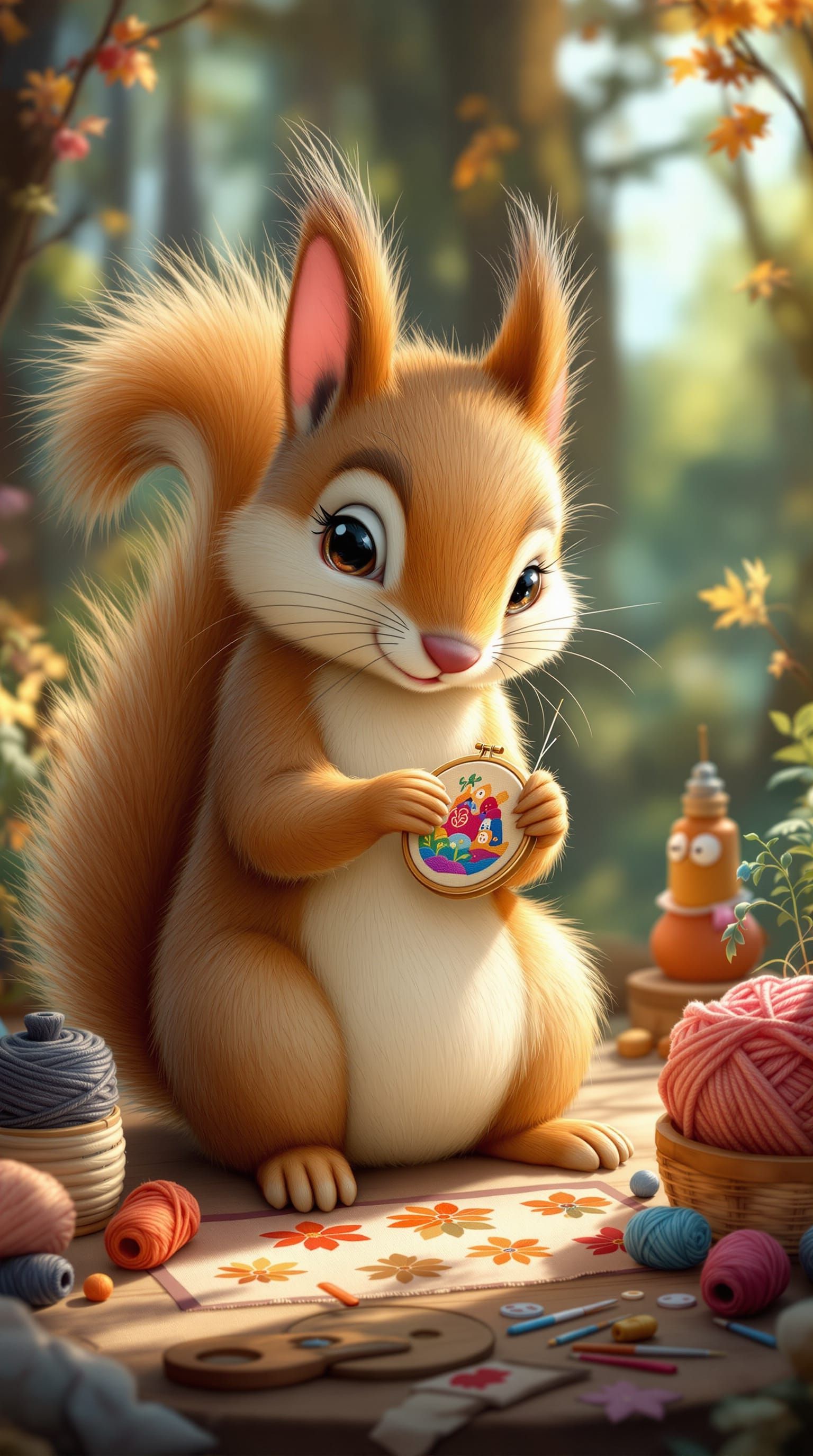 Whimsical Squirrel Sewing Needlepoint in Woodland Workshop