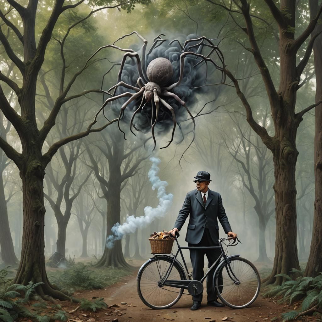 Surreal Forest Bicycle with Smoke, in Hyperrealistic Style