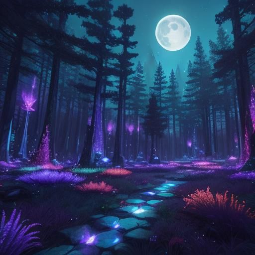 Glowing Crystals in Moonlit Forest: Matte Painting