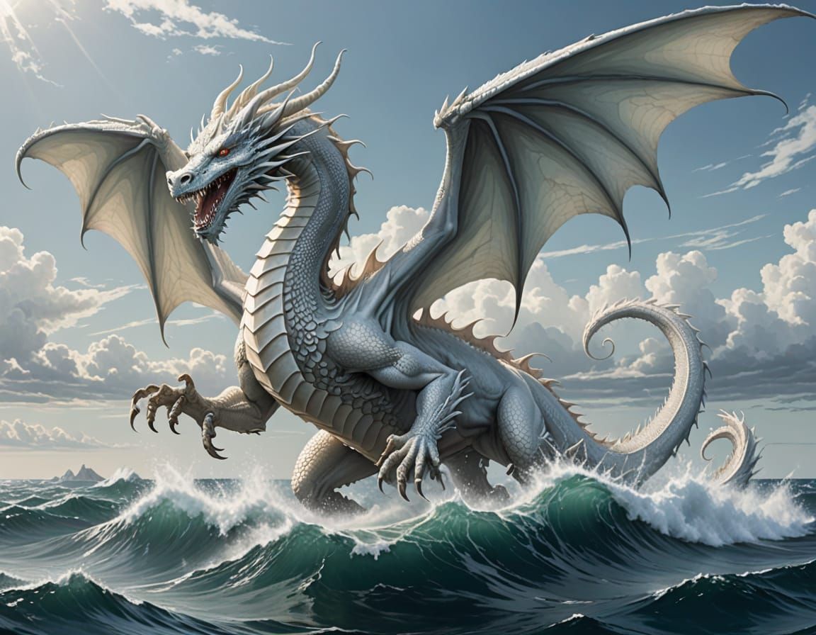 White Dragon Over Ocean with Tentacles