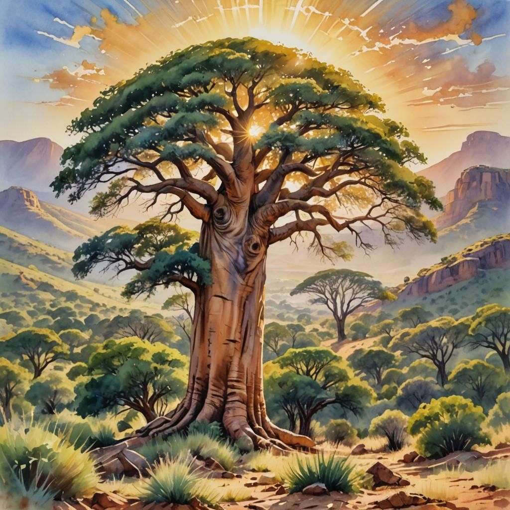 Baobab Tree in Magaliesberg: Watercolour Landscape