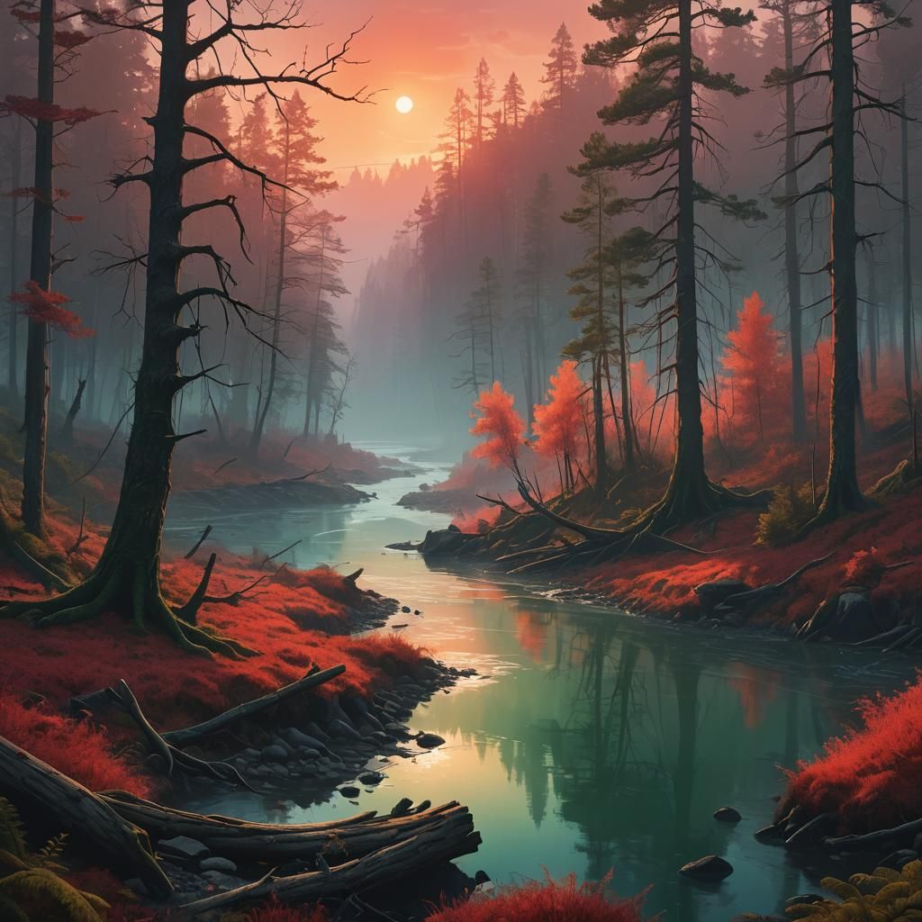 Mystical Forest River at Sunrise: Digital Matte Painting