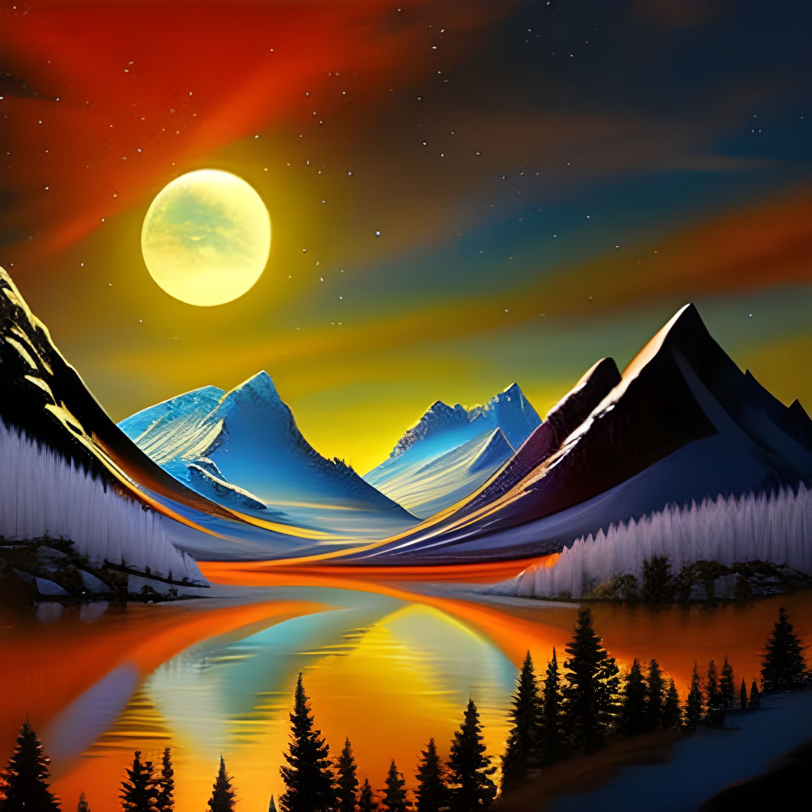 Baroque Sci-Fi Aurora Over Snowy Mountain Landscape