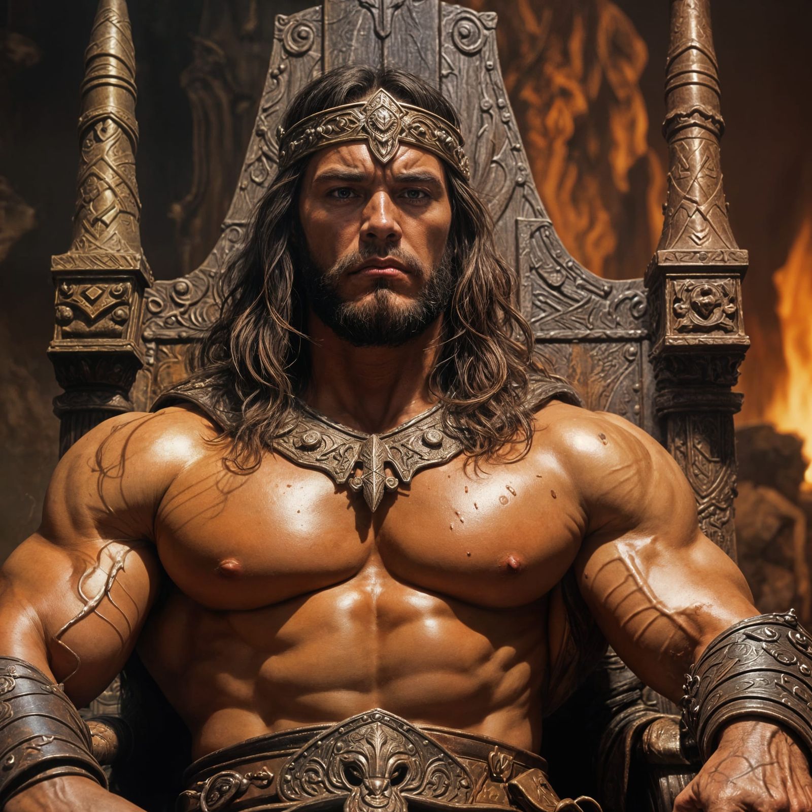 Epic Conan the Barbarian on Throne in Dramatic Lighting