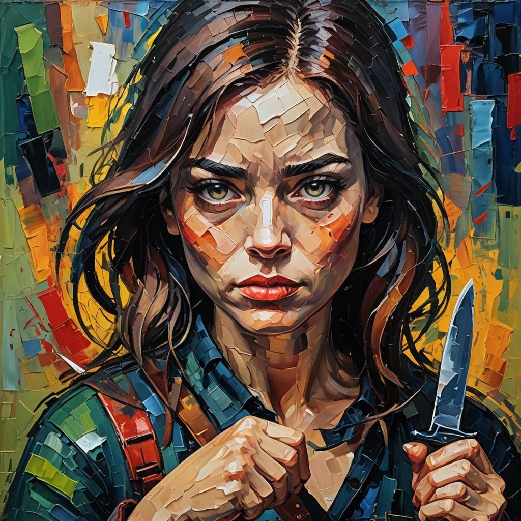 Girl with Knife in Neo-Impressionistic Oil Painting