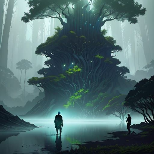 Men in Black Stand at the Edge of a Mysterious River