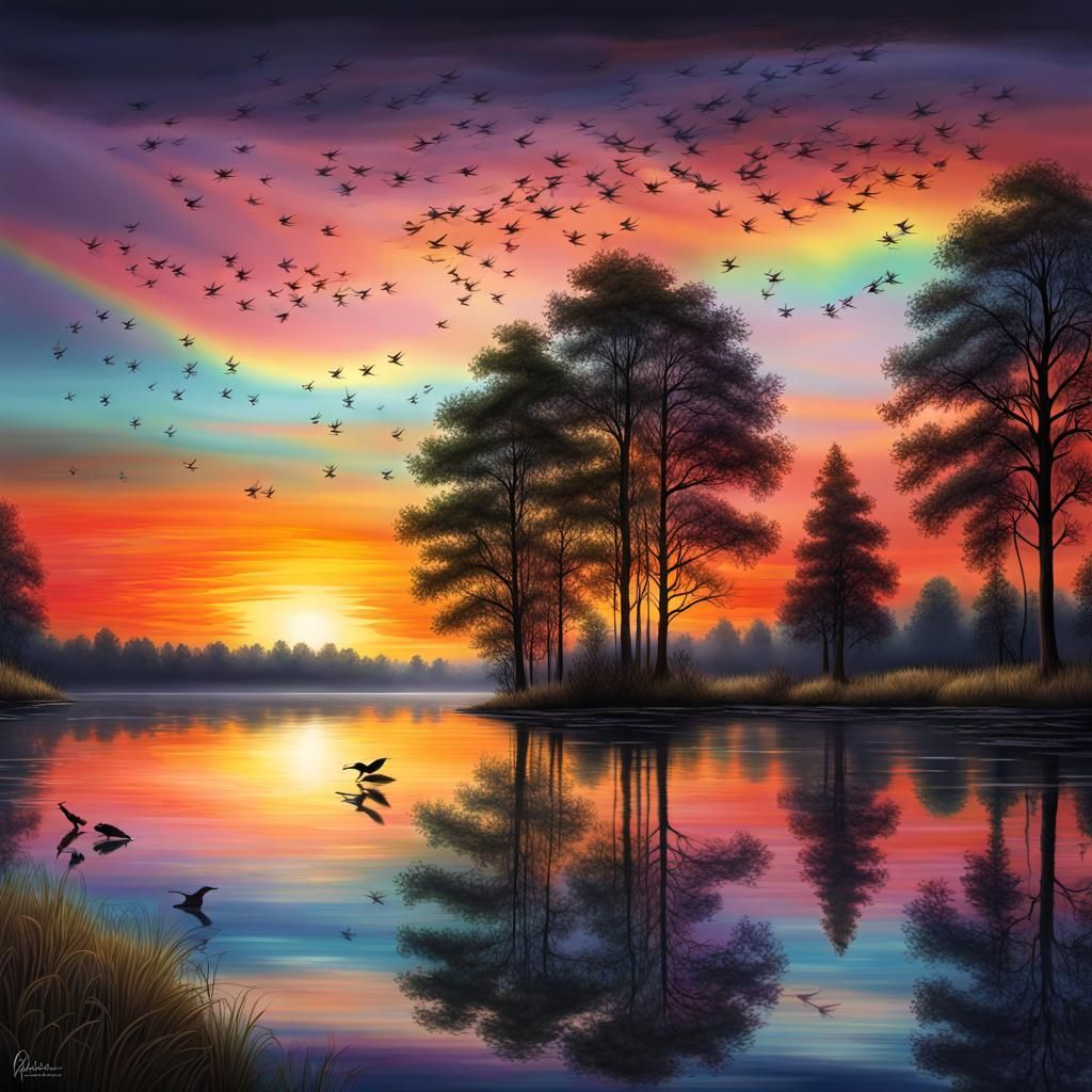 Hyperrealistic Sunset Over Serene Lake with Fireflies