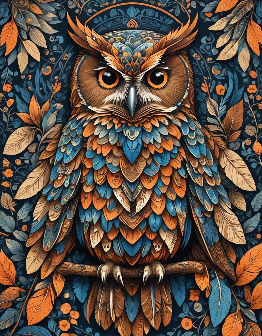 Vibrant Symmetrical Owl in Digital Impasto Illustration