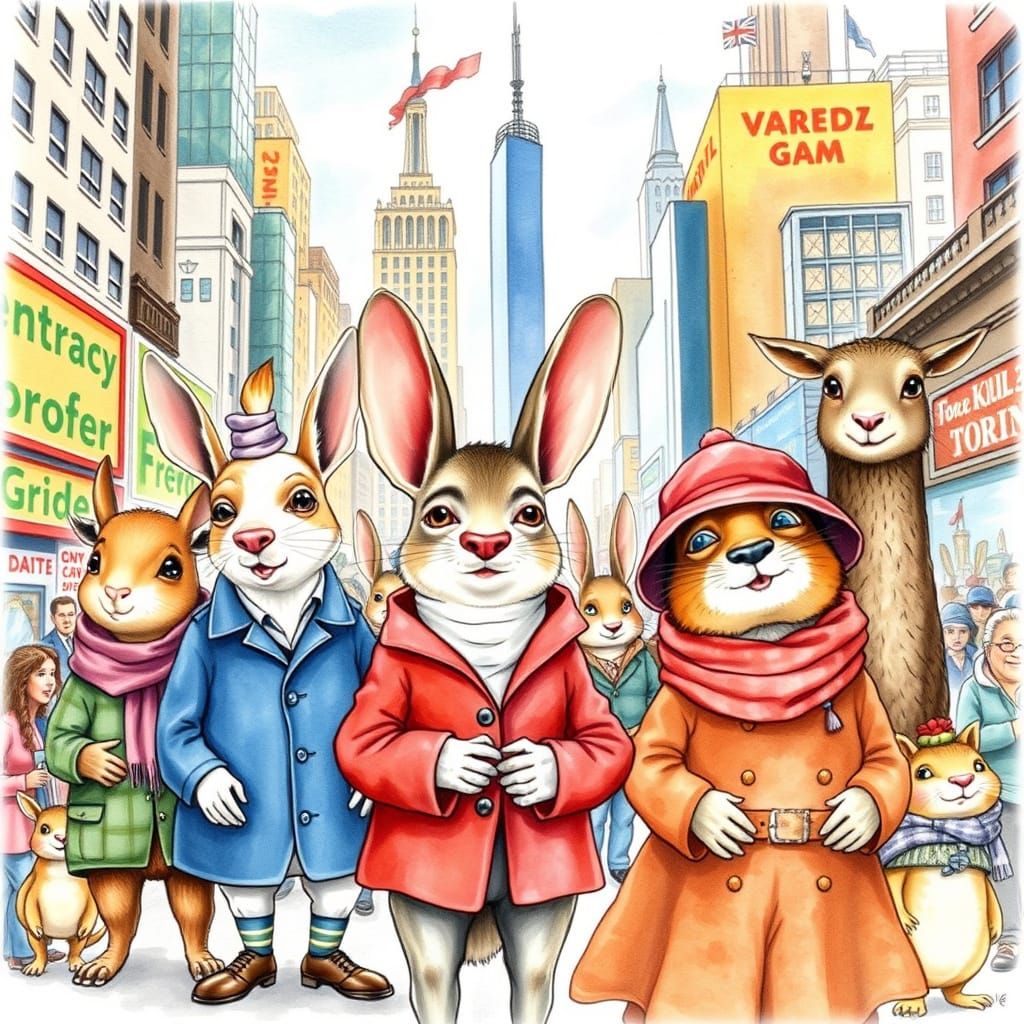 Whimsical Animals in Cityscape, Watercolor Style