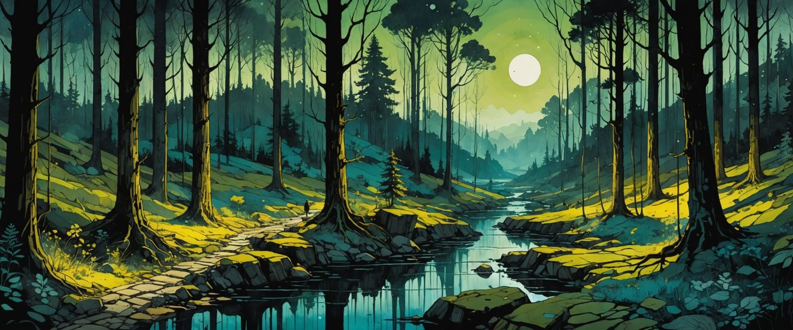 Moody Forest Nightscape with Alcohol Ink and Sketch Elements