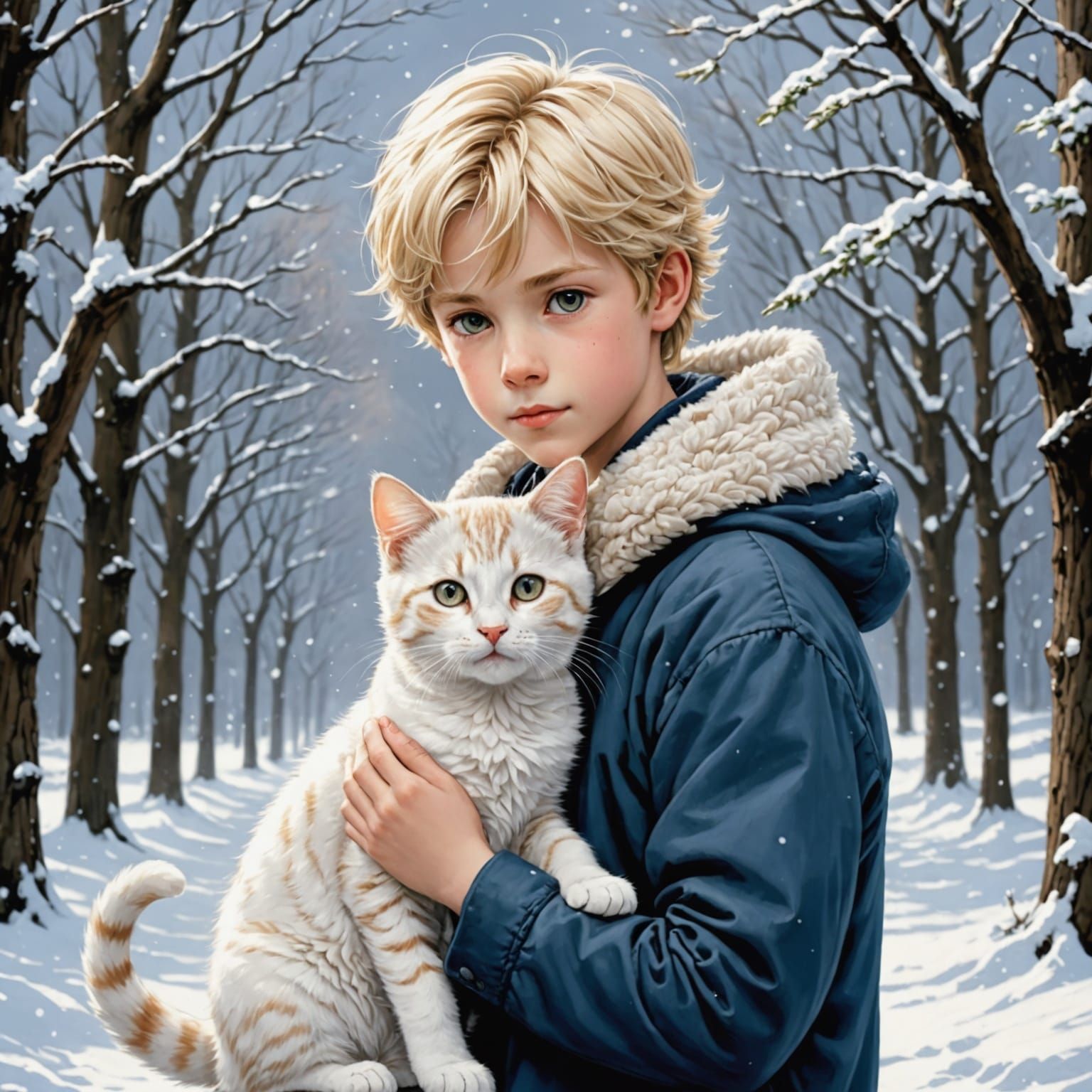 Anime-Style Winter Scene of Boy Holding White Tabby Cat