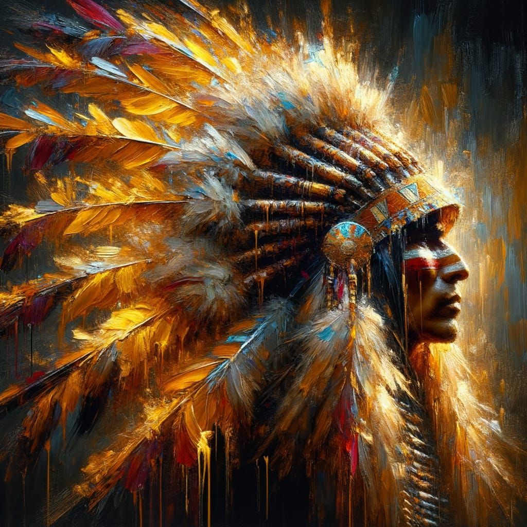 Native American Warrior in Feathered War Bonnet as Impasto P...
