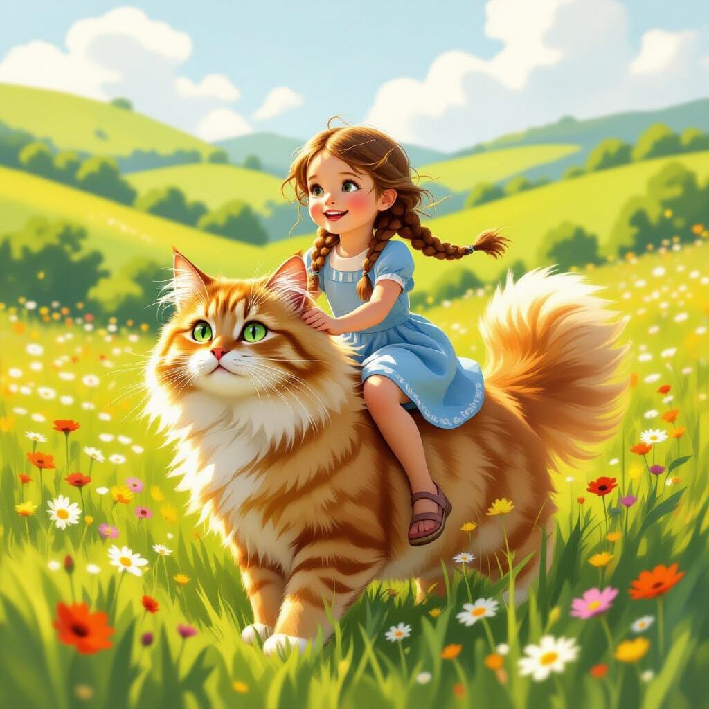 Girl Rides Fluffy Cat in Sunlit Meadow