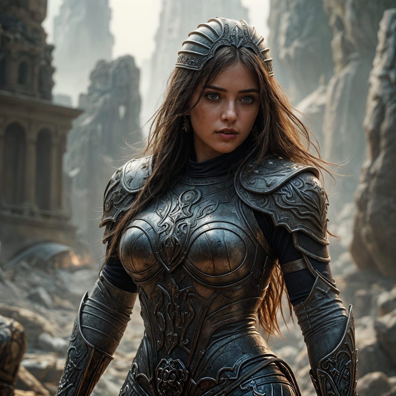 Ethereal Fantasy Warrior in Ancient Ruins