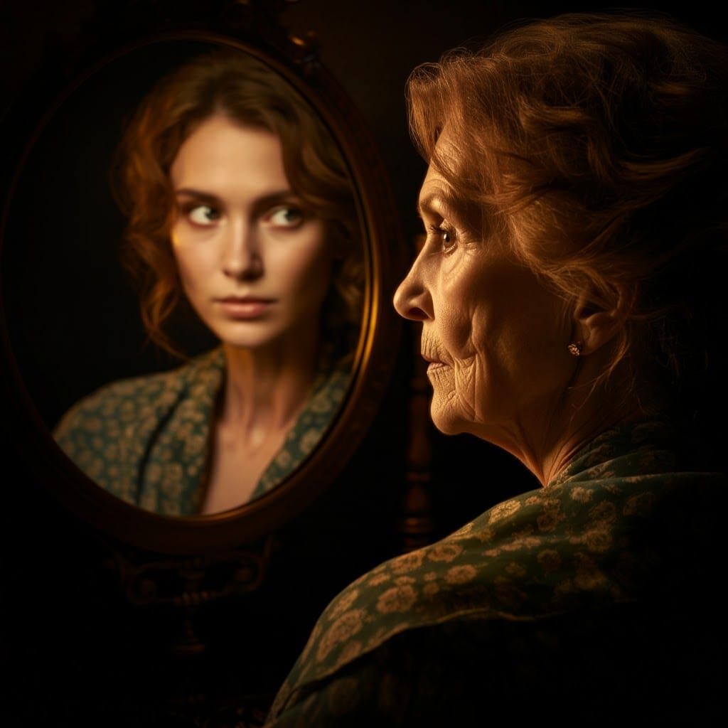 Golden Reflection: Woman's Magical Mirror Portrait