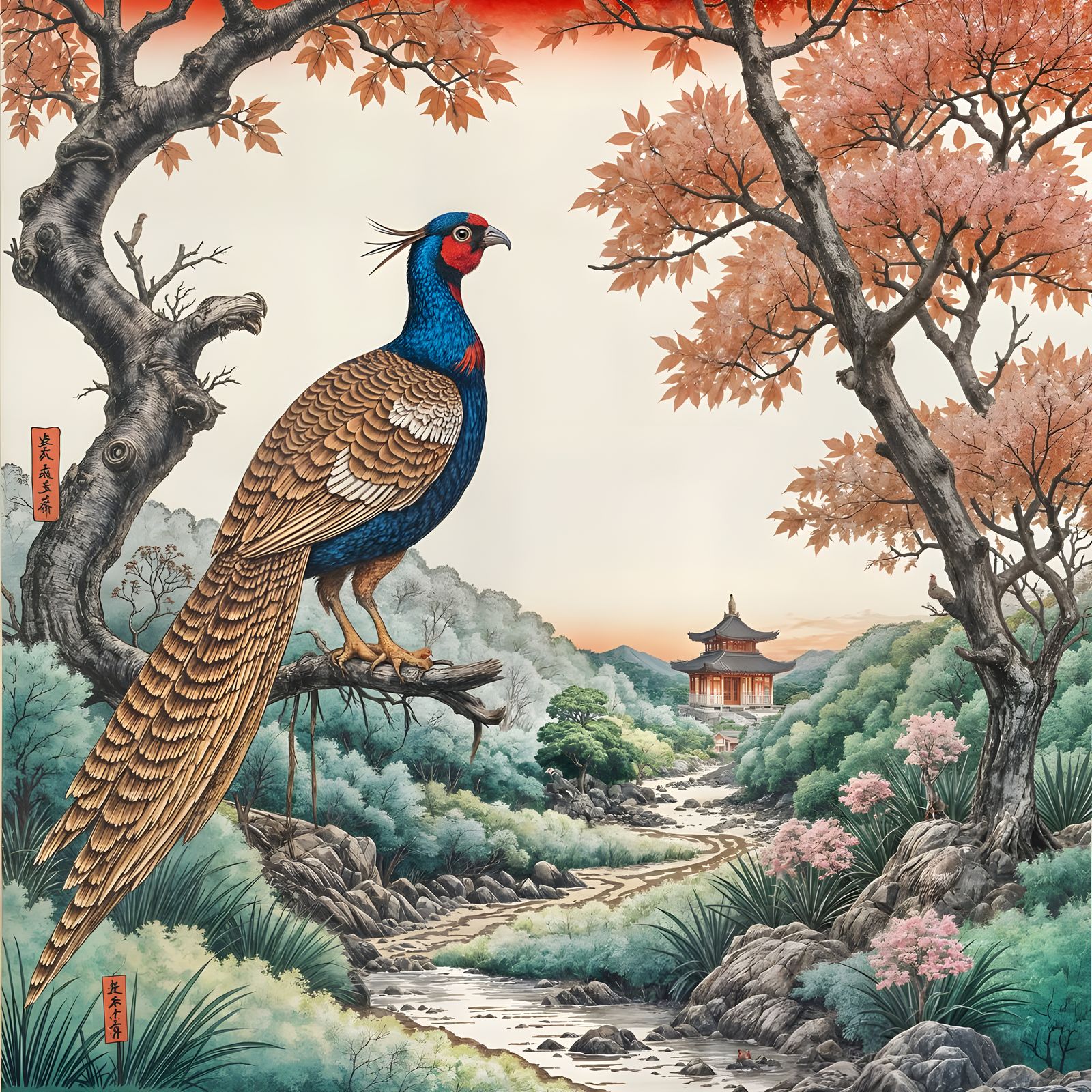 Japanese Pheasant Perched in Tree Near Distant Temple