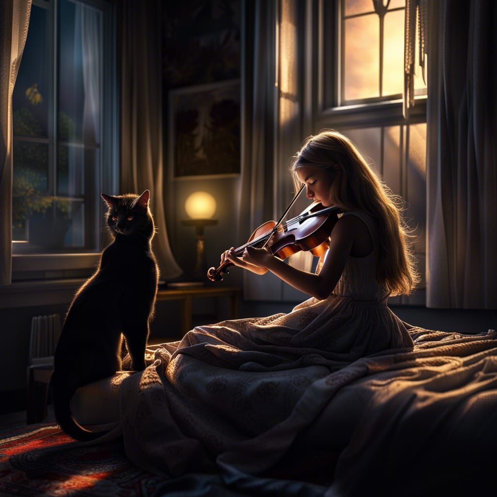 Girl Plays Violin in Dimly Lit Room