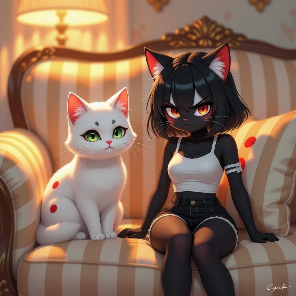 Cute Cat Friends on Silk Sofa in Digital Painting Style