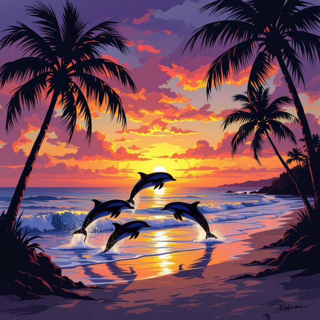 Vibrant Sunset Beach Scene with Dolphins and Palm Trees