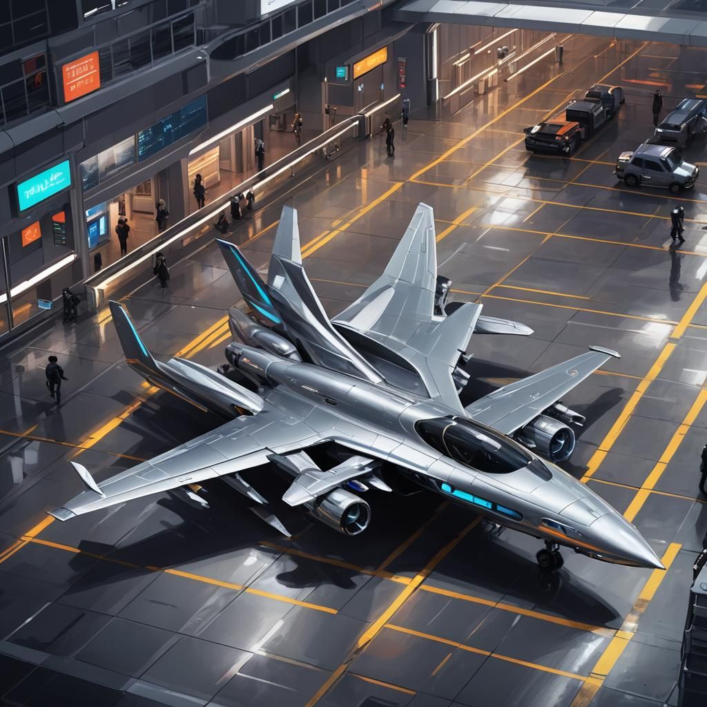 Futuristic Plane in Neon Airport: Sci-Fi Illustration