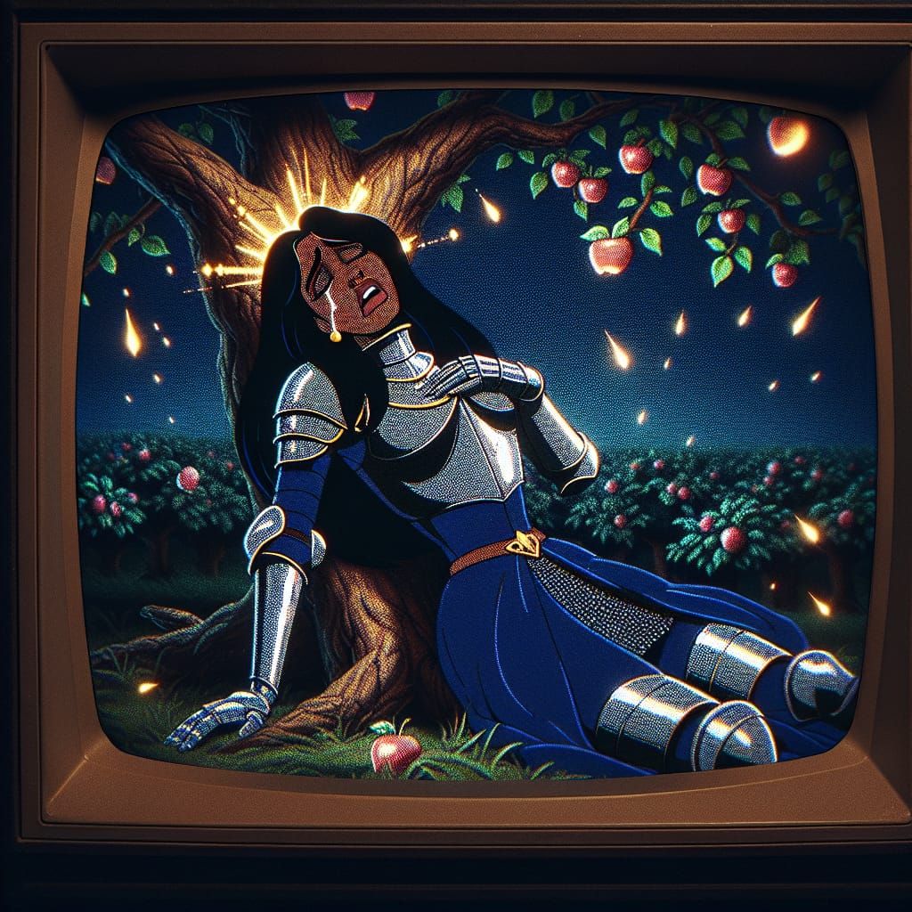 Knight in a Darkened Orchard, Vintage Cartoon Style