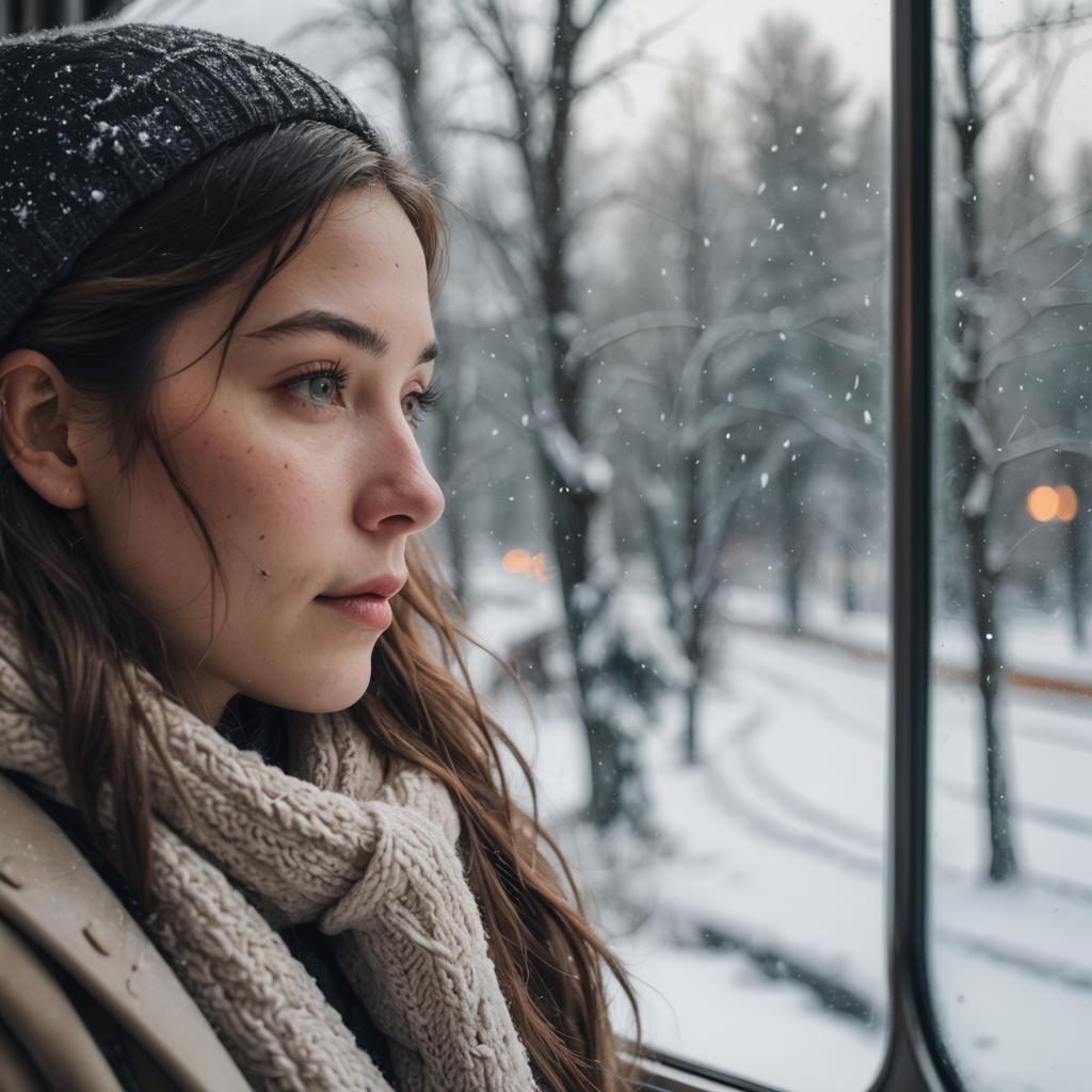 Girl Contemplates Snowy Landscape Through Train Window