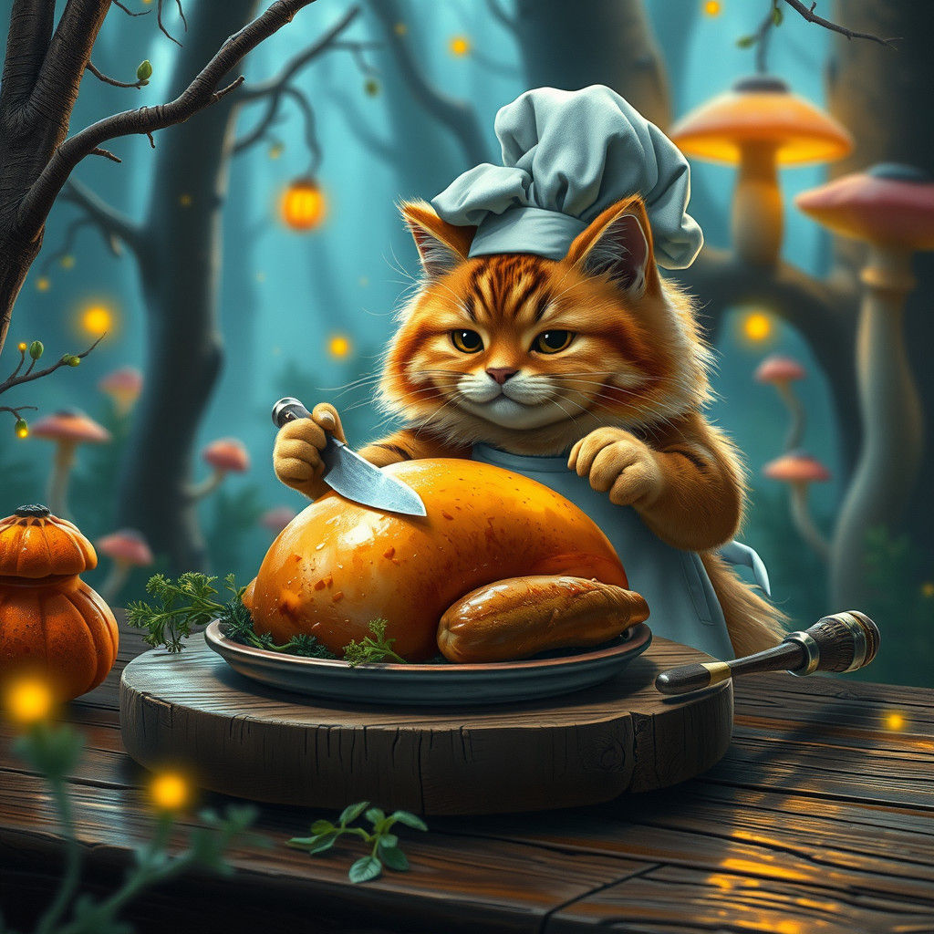 Whimsical Kitty Chef Carves Turkey in Forest