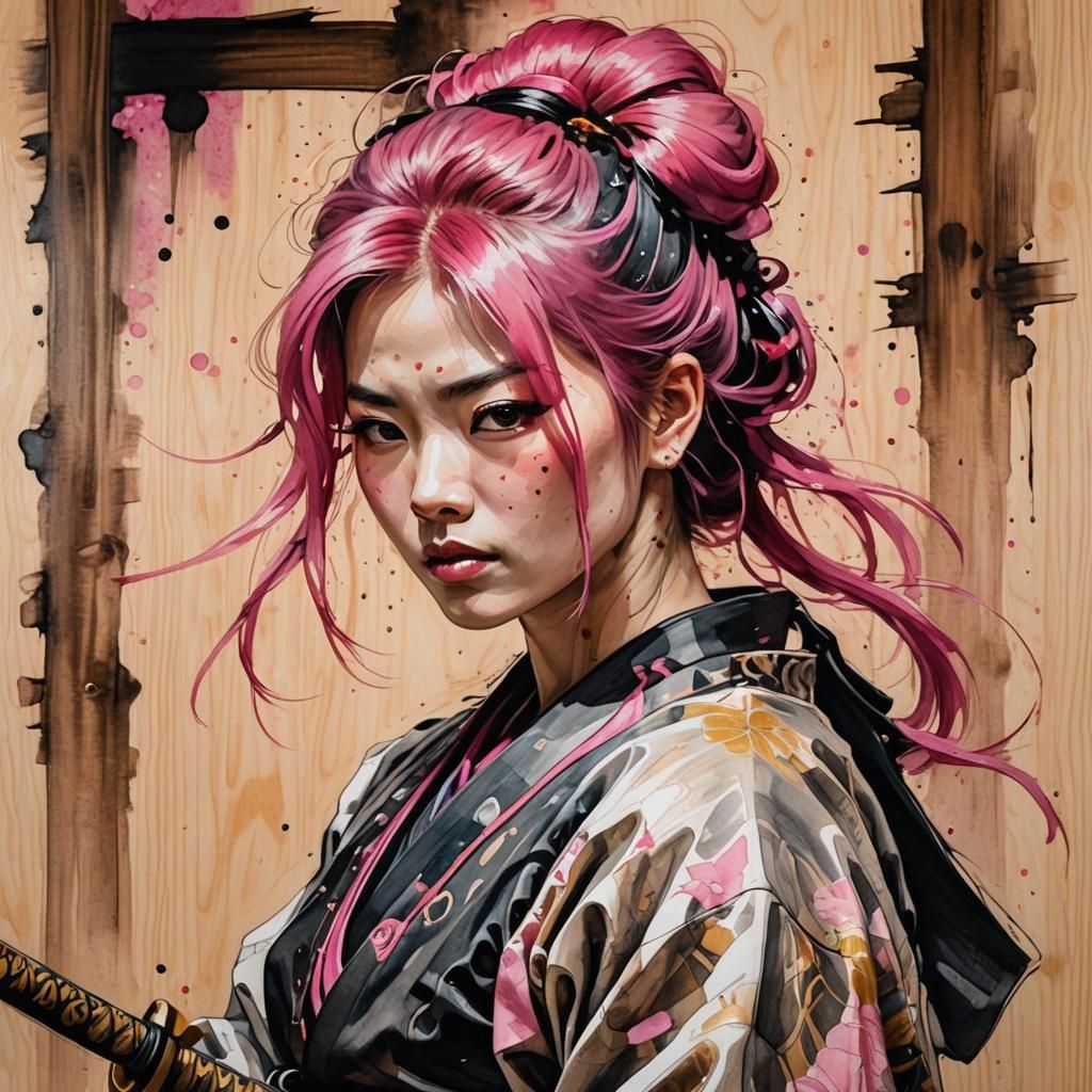 Pink-Haired Samurai in Dojo: Ink Sketch with Klimt Decoratio...