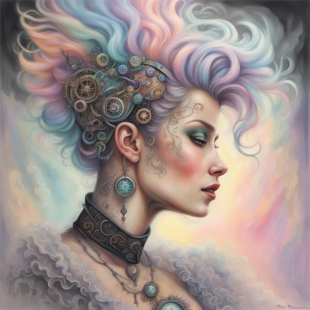 Neon Victorian Steampunk Woman in Pastel Hues