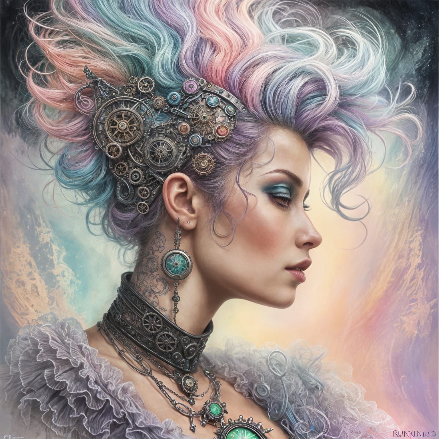 Neon Victorian Steampunk Woman in Pastel Hues
