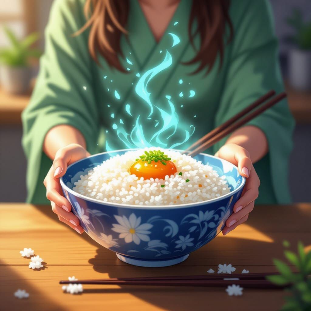 Glowing Magical Rice Bowl in Anime Style