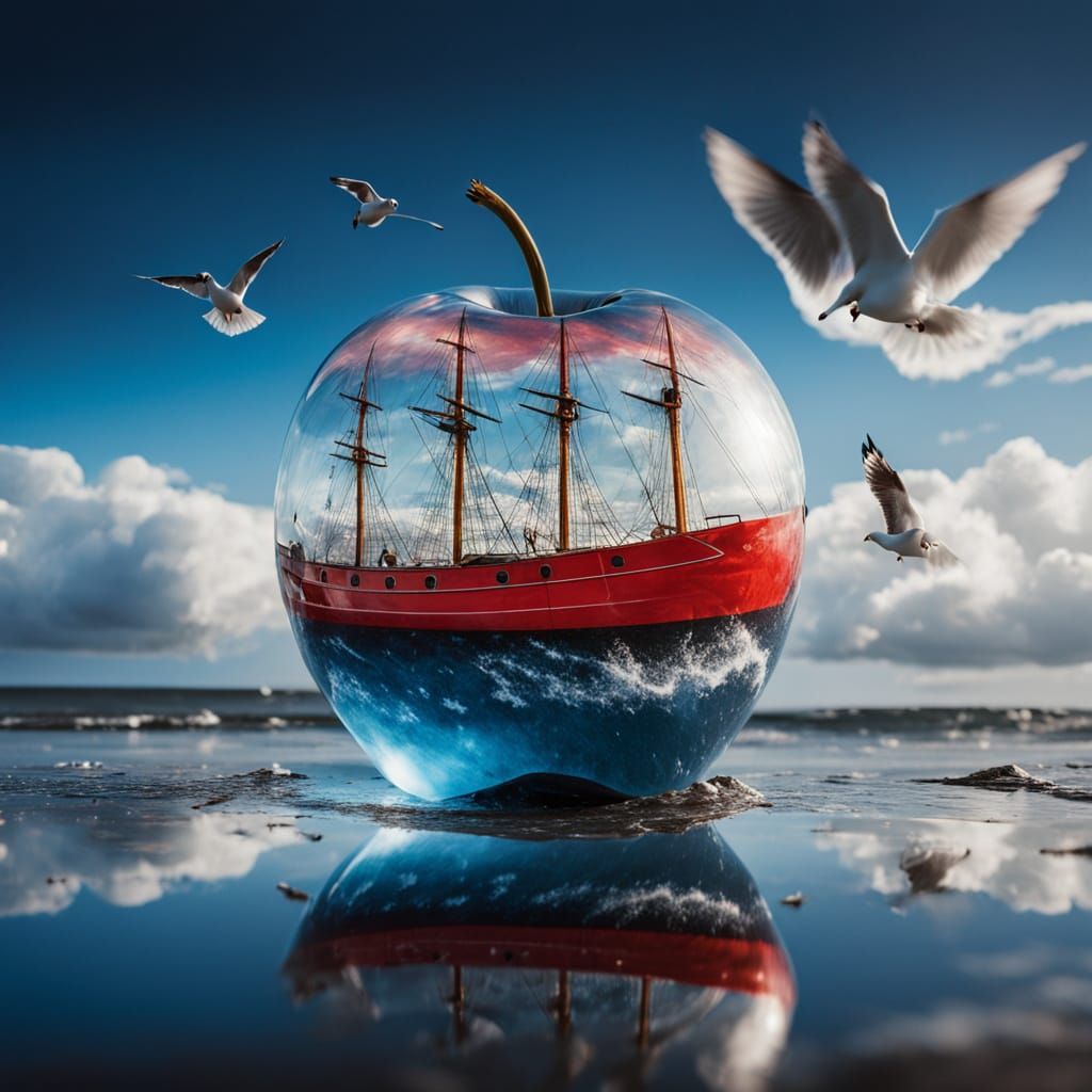 Sailboat in Glass Apple: Hyperrealistic Triple Exposure Imag...