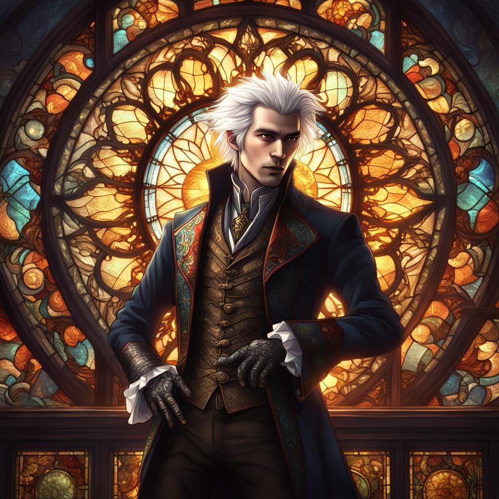 Steampunk Vampire Bard in Front of Stained Glass