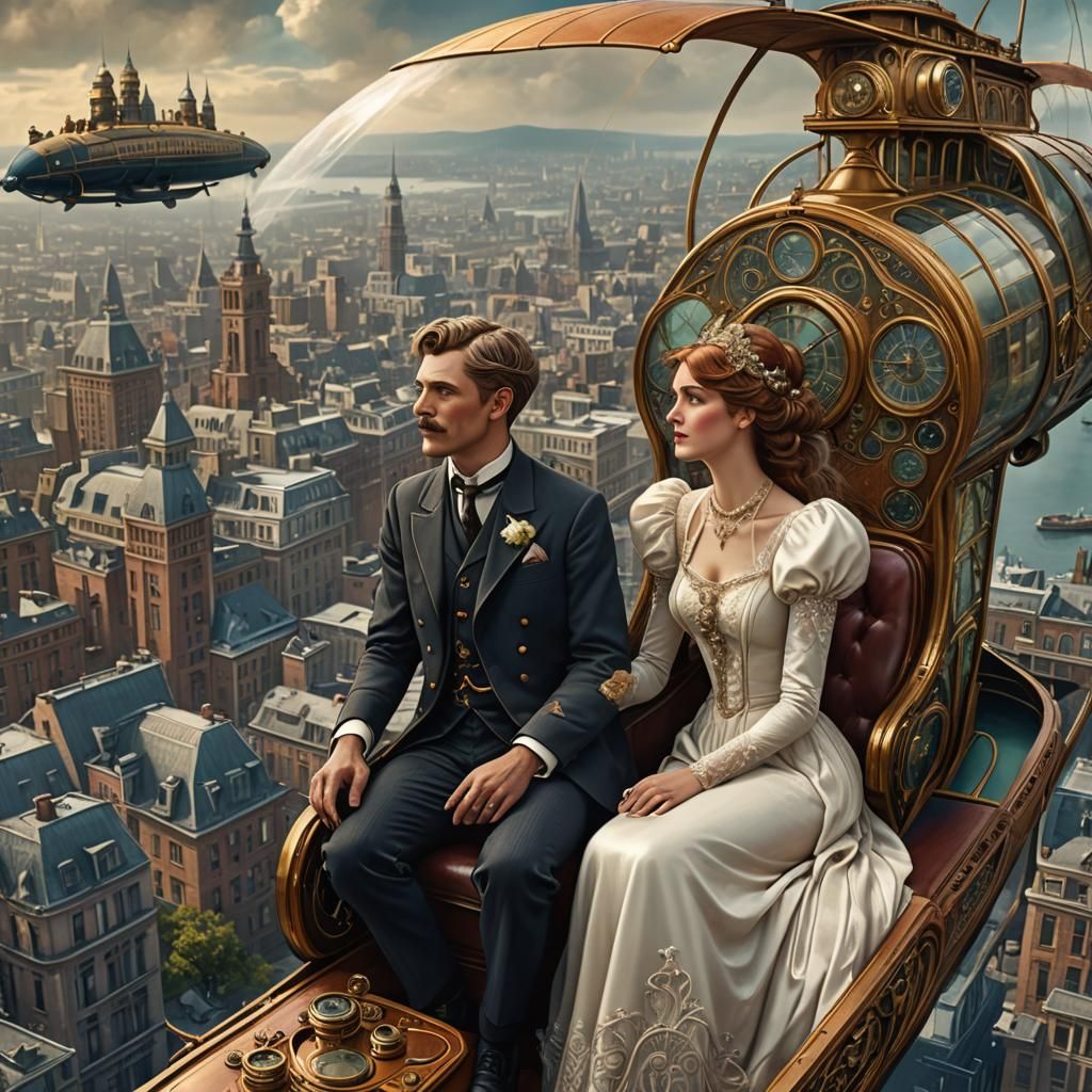 Art Nouveau Bride and Groom on Zeppelin