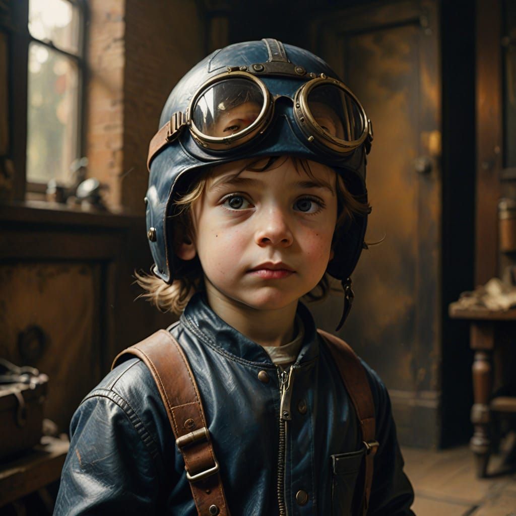 Rembrandt-Style Portrait of Child Aviator in Golden Light