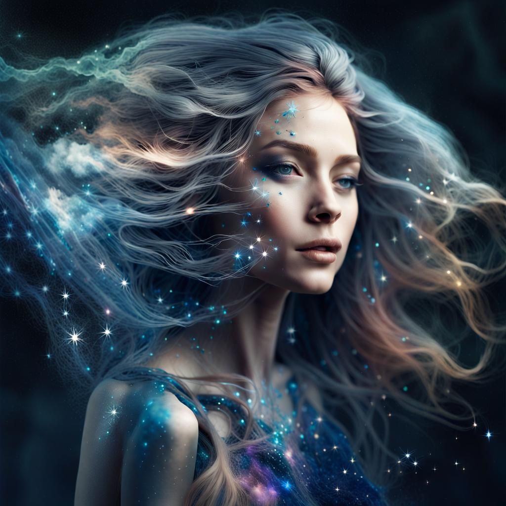 Surreal Double Exposure Portrait of Woman with Galaxy Eyes