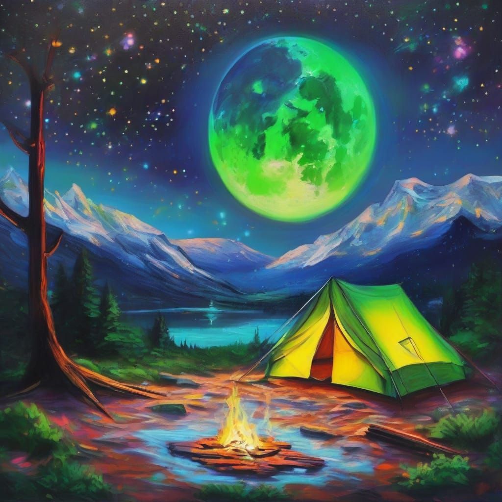 Neon Camping Scene in Impressionistic Style