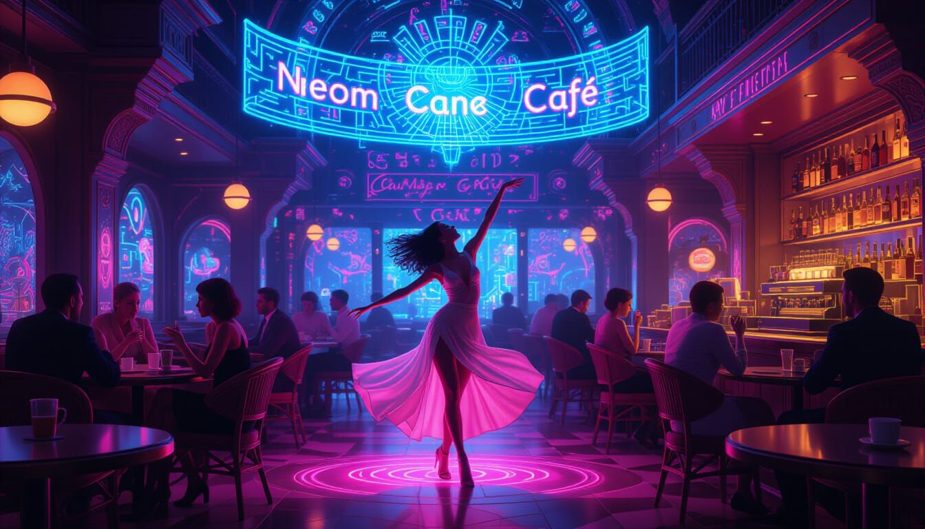 Retro Futurism Café Scene with Dancing Woman