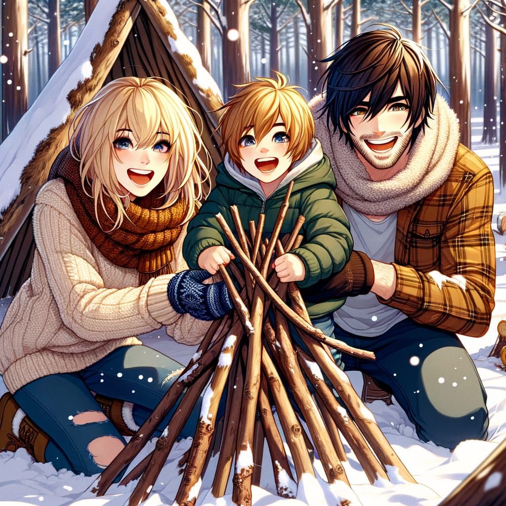 Family Snow Day in Tennessee Forest, Anime Style