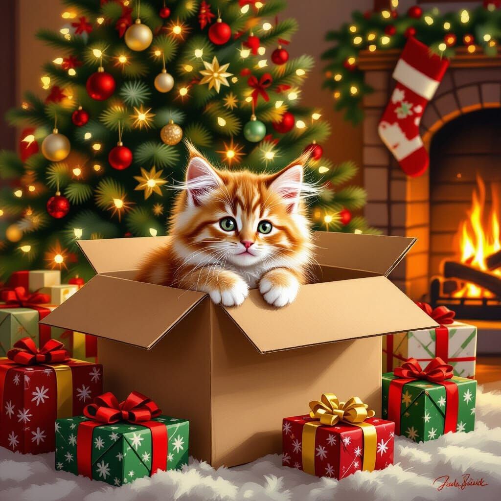 Fluffy Kitten Peeking from Christmas Box