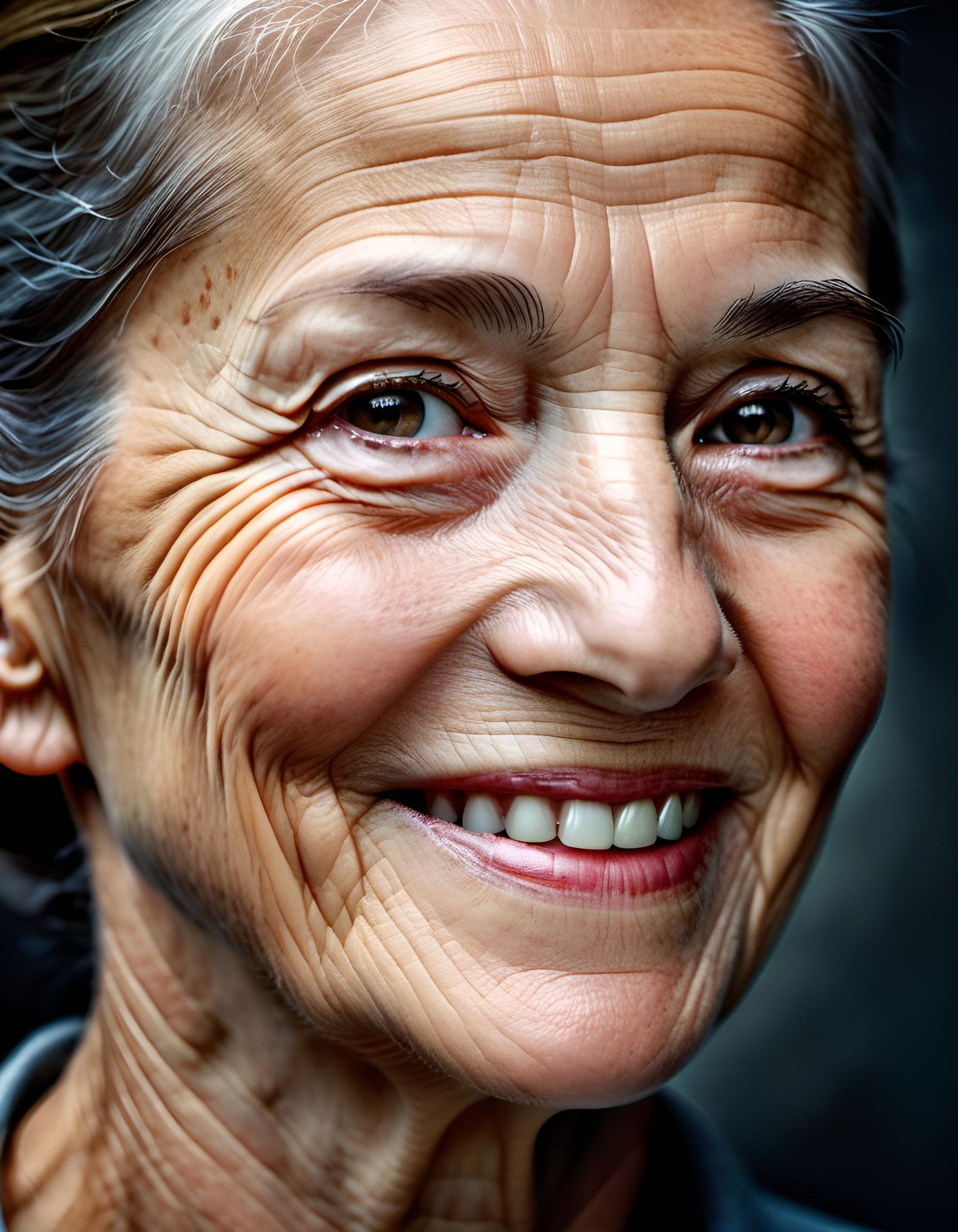 Hyperrealistic Portrait of an Elderly Woman Smiling