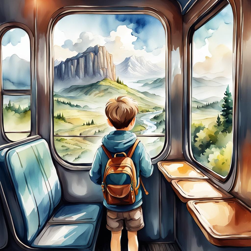 Boy on Train: Digital Watercolor Landscape
