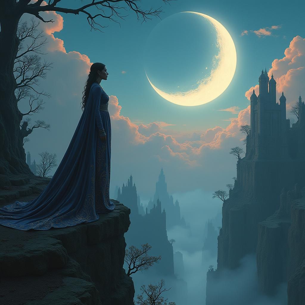 Priestess Embraces Moon in Dreamlike Landscape