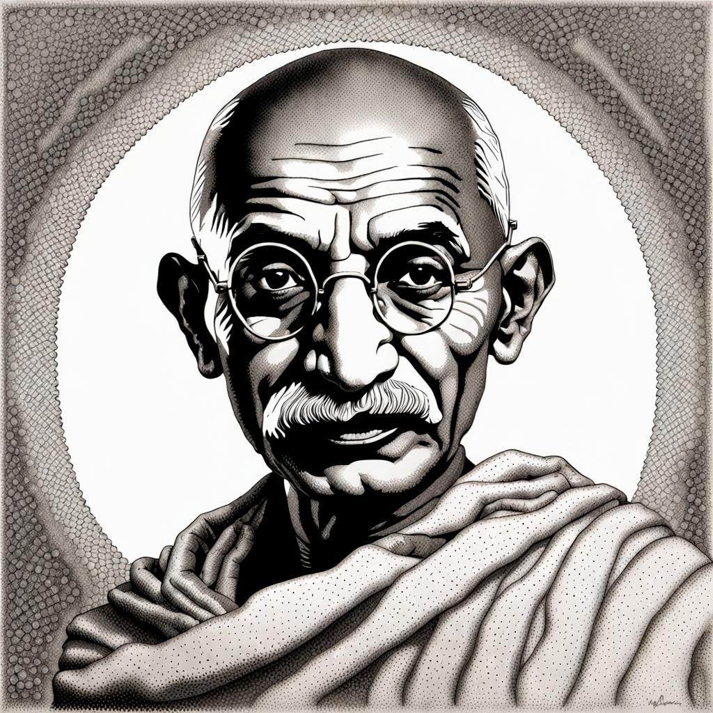 Detailed Portrait of Mahatma Gandhi in Pointillism Style