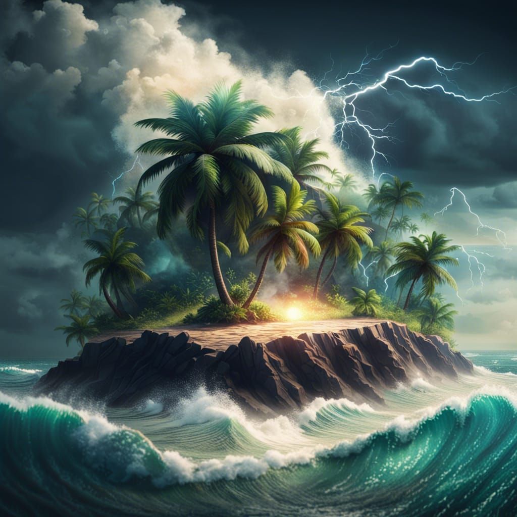 Stormy Desert Island in the Ocean