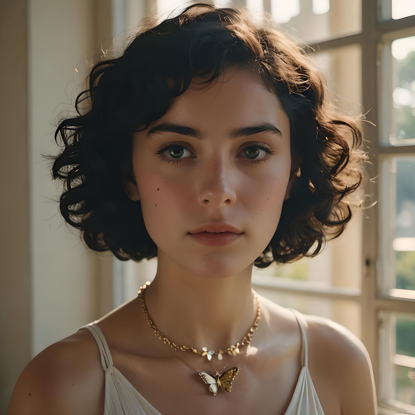 Beautiful Woman with Butterfly Necklace: Cinematic Portrait