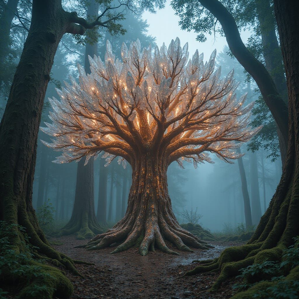 Crystal and Copper Tree in Dark Fantasy Forest