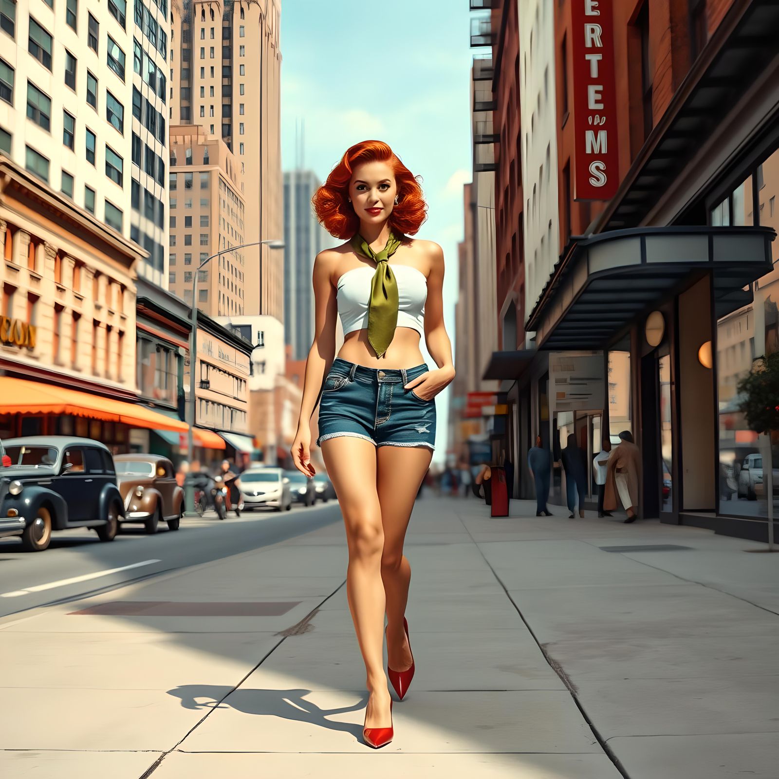 1940s Style Pinup Girl Walking in Street
