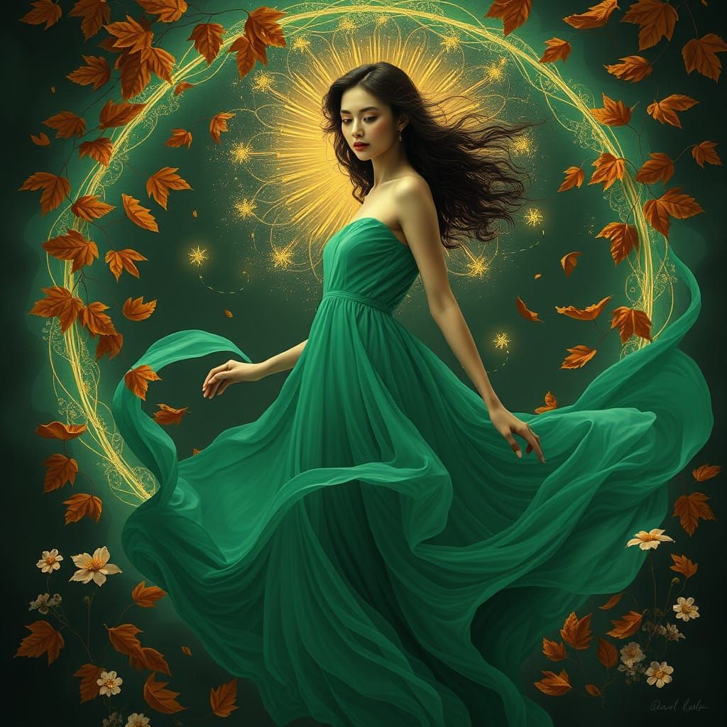 Woman in Green Dress Amidst Swirling Autumn Leaves and Infin...