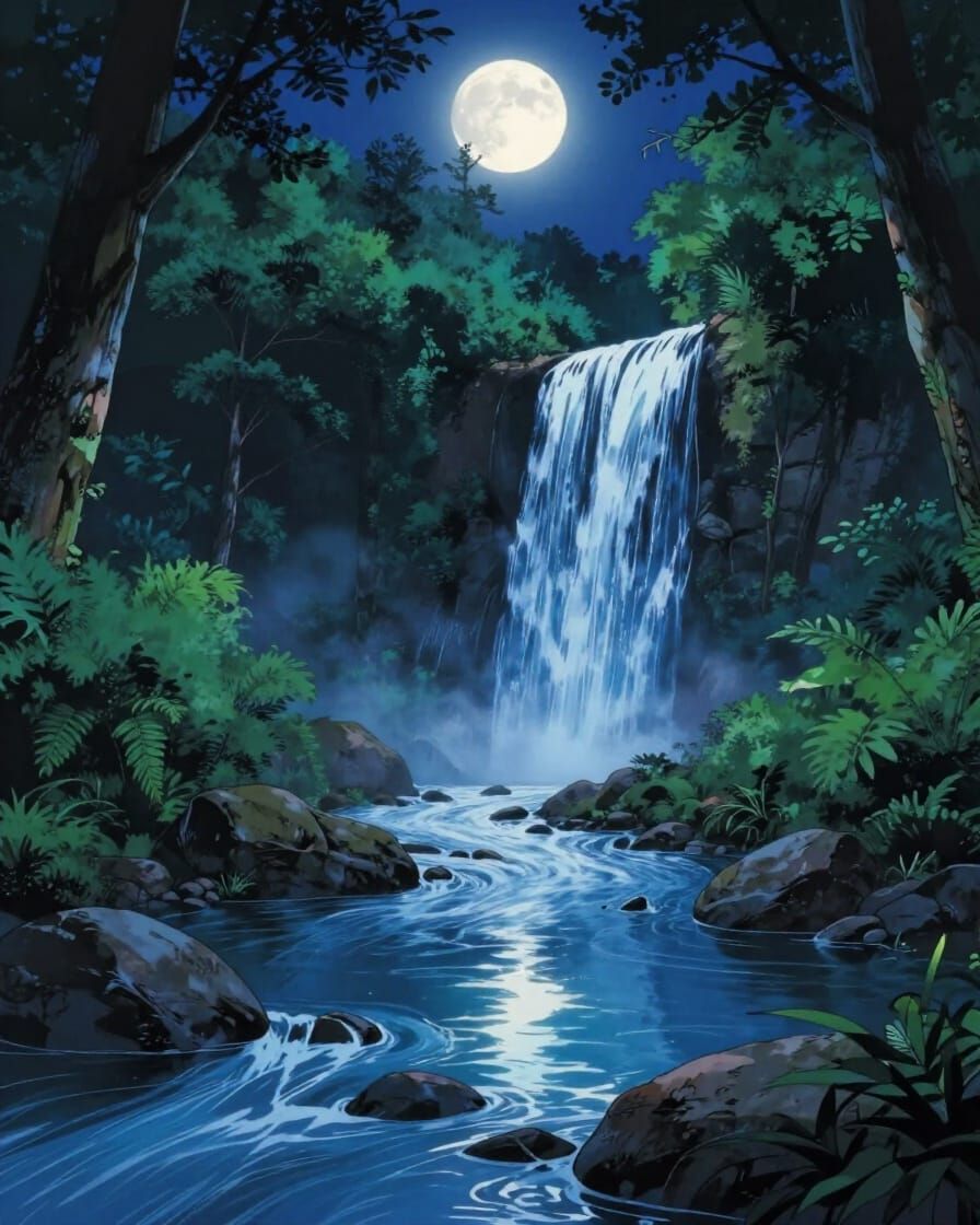 Night Forest with Blue Waterfall and White Moon in Anime Sty...